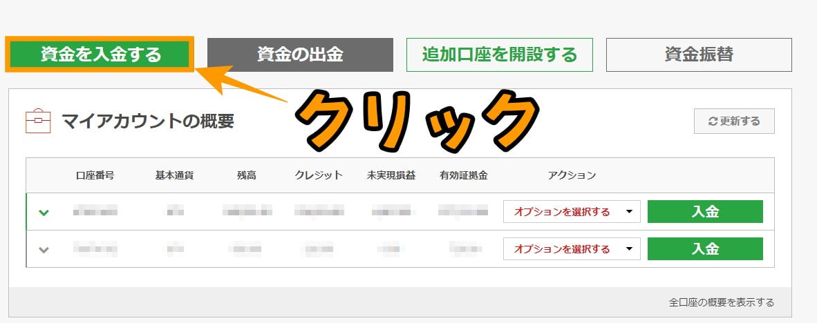資金を入金するをクリックする画像